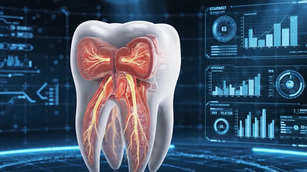 Futuristic Representation of a Tooth Utilizing Dynamic Digital Elements to Showcase Advanced Dental Concepts and Technologies in a High-Tech Environment
