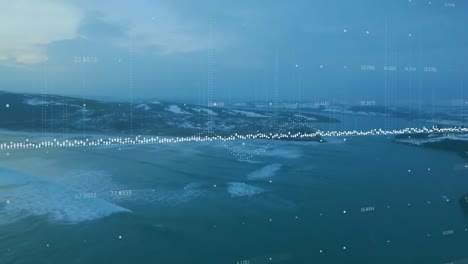 animation of data processing against aerial view of sea waves