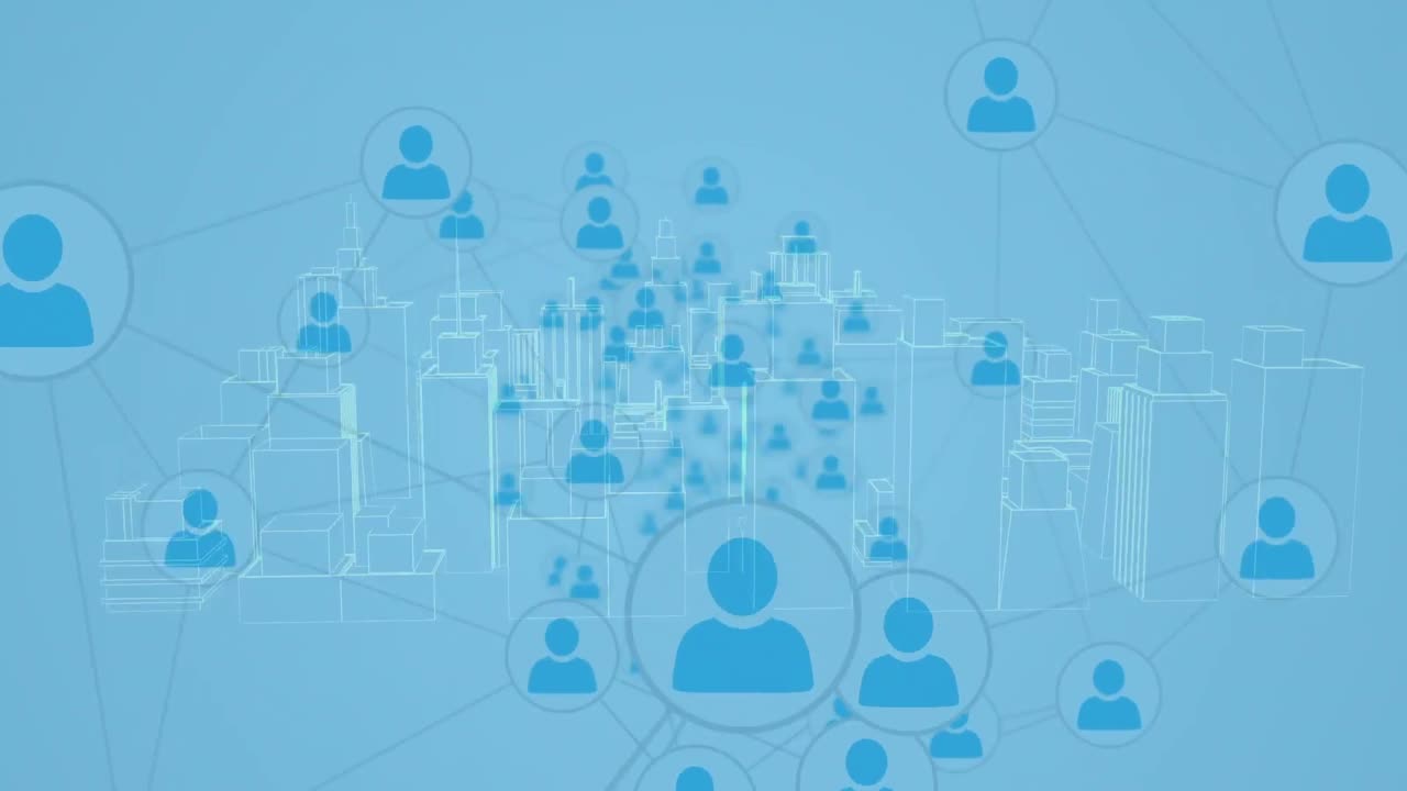 파란색 배경의 3d 도시 풍경 위에 있는 사람들과의 연결 네트워크 아이콘의 애니메이션