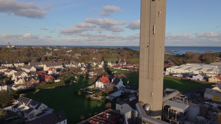 Filmato lento con drone di St Sampson, Guernsey, del complesso della centrale elettrica e della ciminiera che vola verso il porto di Bordeaux sotto il sole dorato con un cielo e un mare interessanti sullo sfondo.