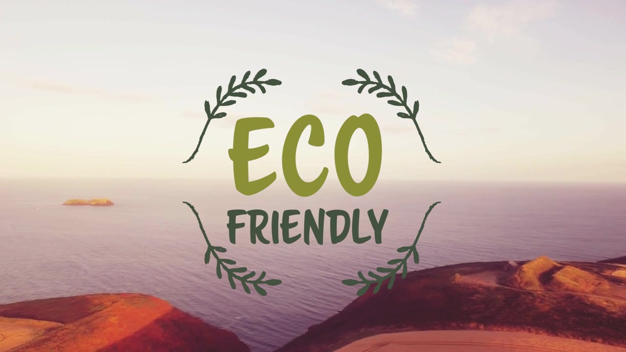 After one second green ECO FRIENDLY logo fading, tilting, elongating, rising, revealing coast