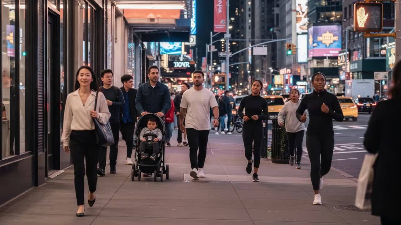 People walking on a busy city street at night, with illuminated signs