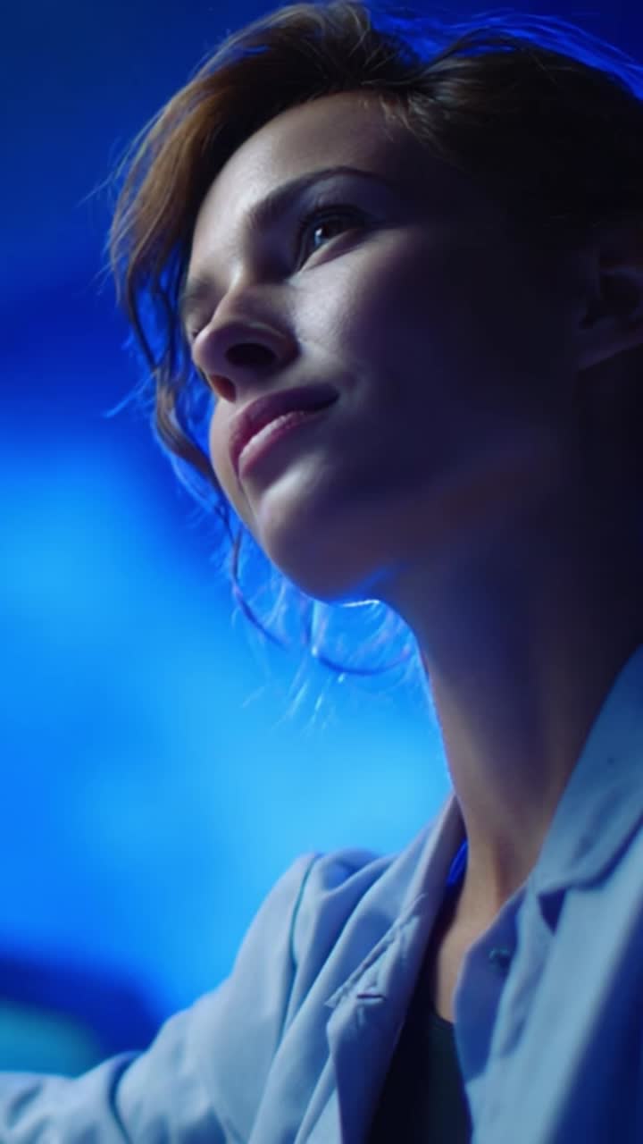 Un retrato reflexivo de una mujer en un entorno iluminado en azul, reflexionando sobre pensamientos profundos, que muestra serenidad y contemplación en un ambiente creativo