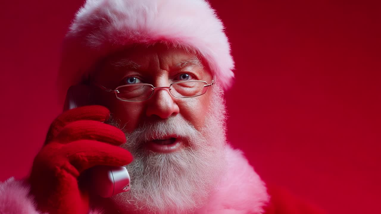 A joyful depiction of a classic holiday character engaging in a cheerful conversation on the phone, radiating warmth and holiday spirit against a festive red backdrop