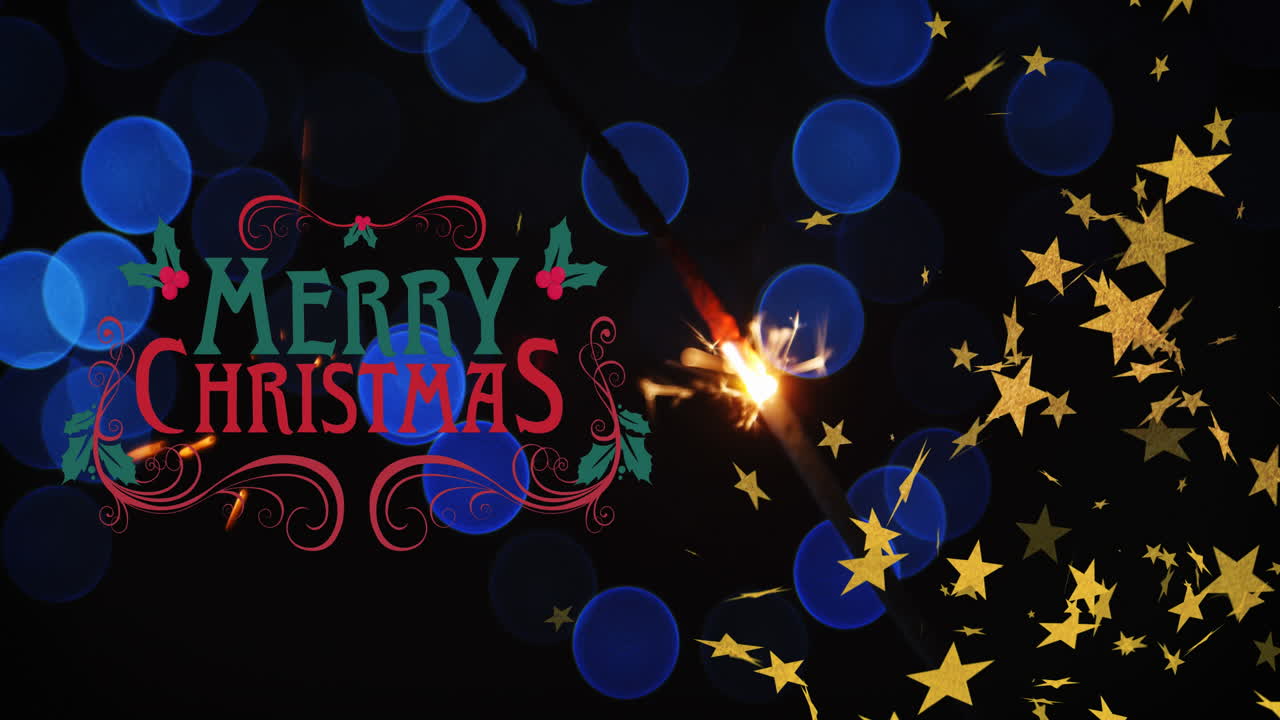 떨어지는 별과 빛의 반점 위에 메리 크리스마스 텍스트의 애니메이션