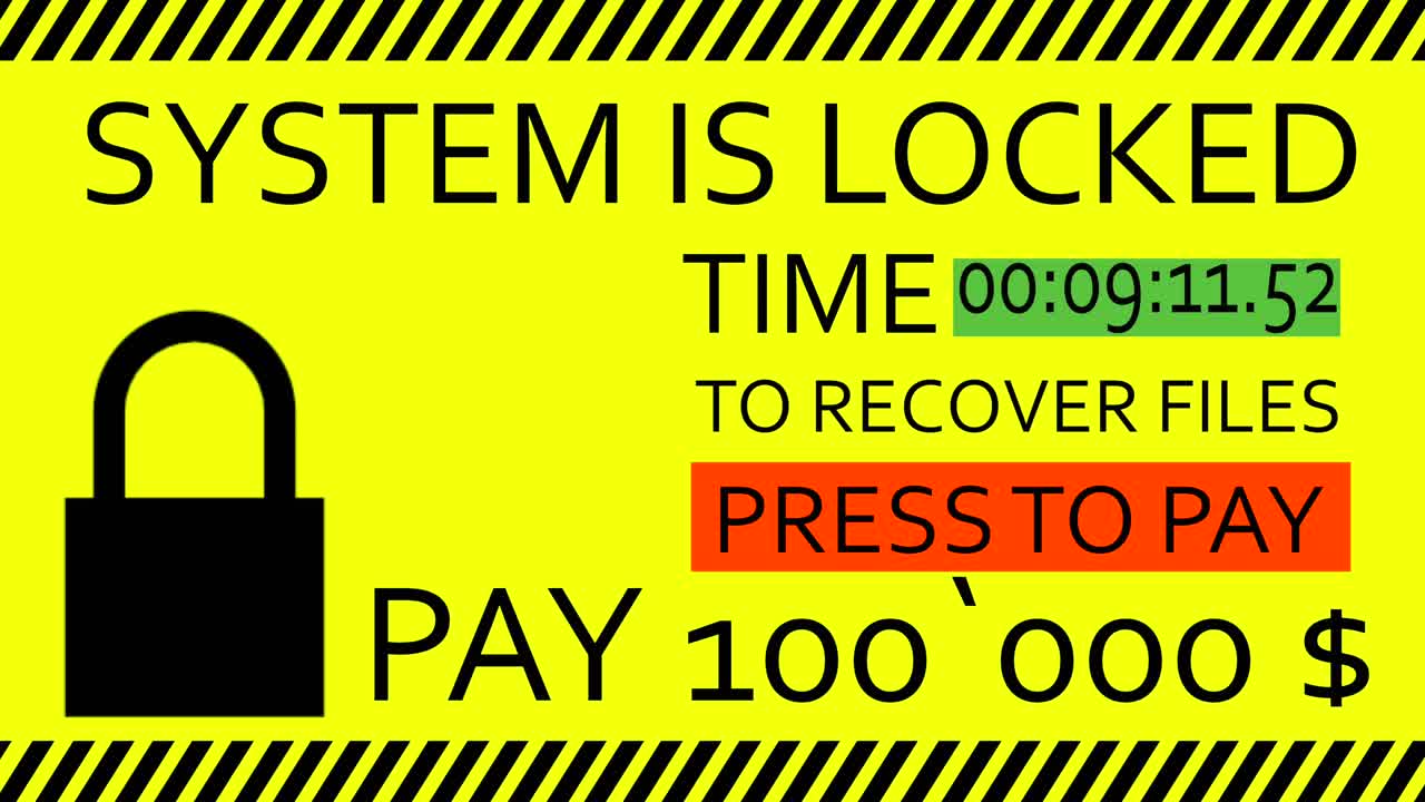 сообщение об опасной угрозе, система заблокирована, заплатите 100000 $ на желтой табличке, крупный план