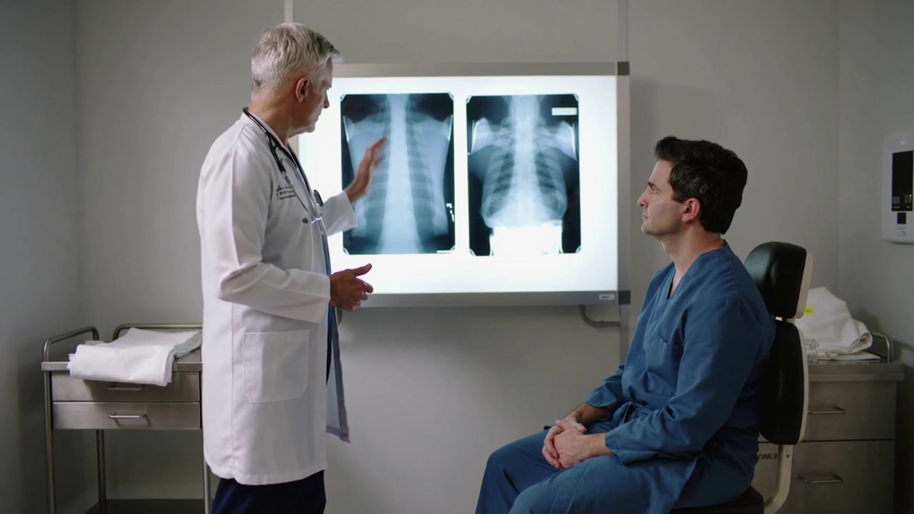 Viewing lightbox, pointing doctor in coat explaining lung issue to patient in scrubs in exam room