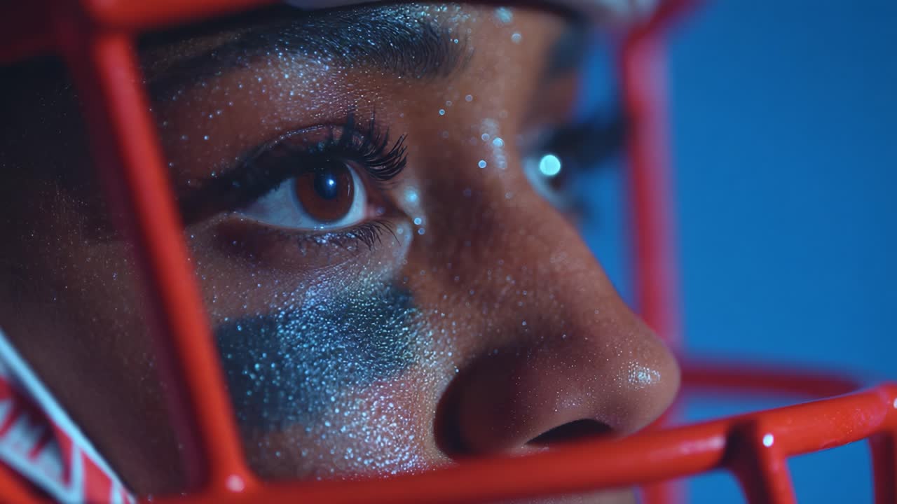Close-up of an Athlete's Determined Eye in a Football Helmet, Capturing the Passion and Spirit of Competitive Sports Through Intense Focus and Grit