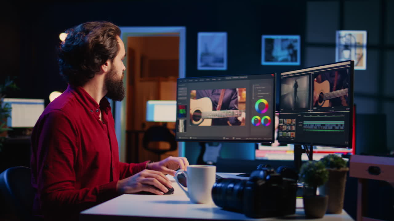 videógrafo que ensambla imágenes grabadas en un proyecto terminado, panorámica