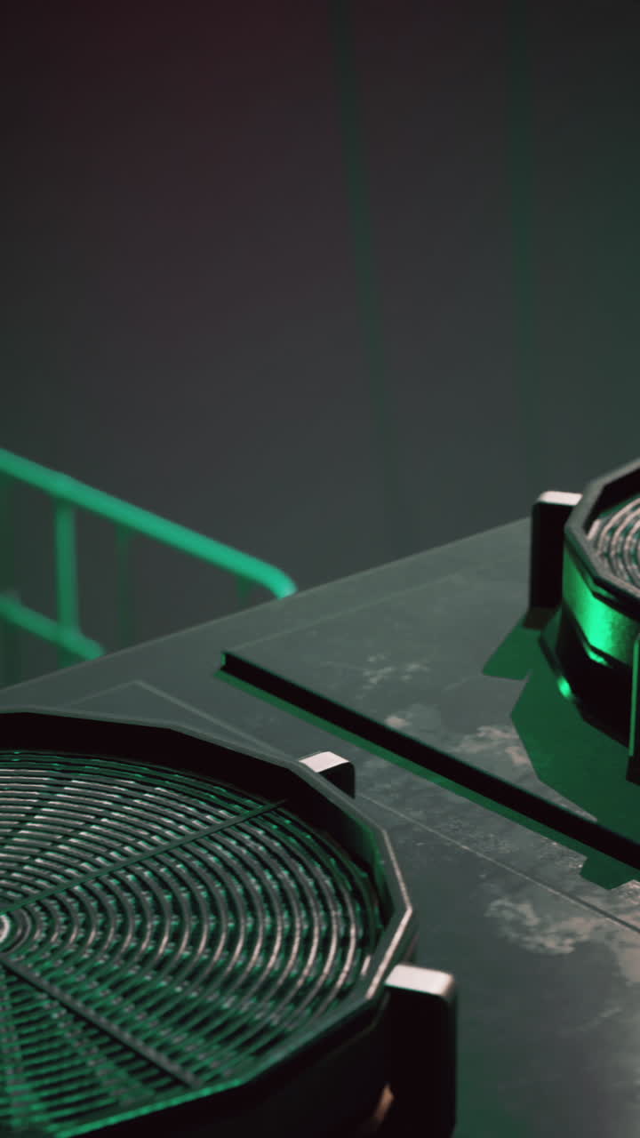 close-up van een futuristische ronde metalen rooster met groene lichten