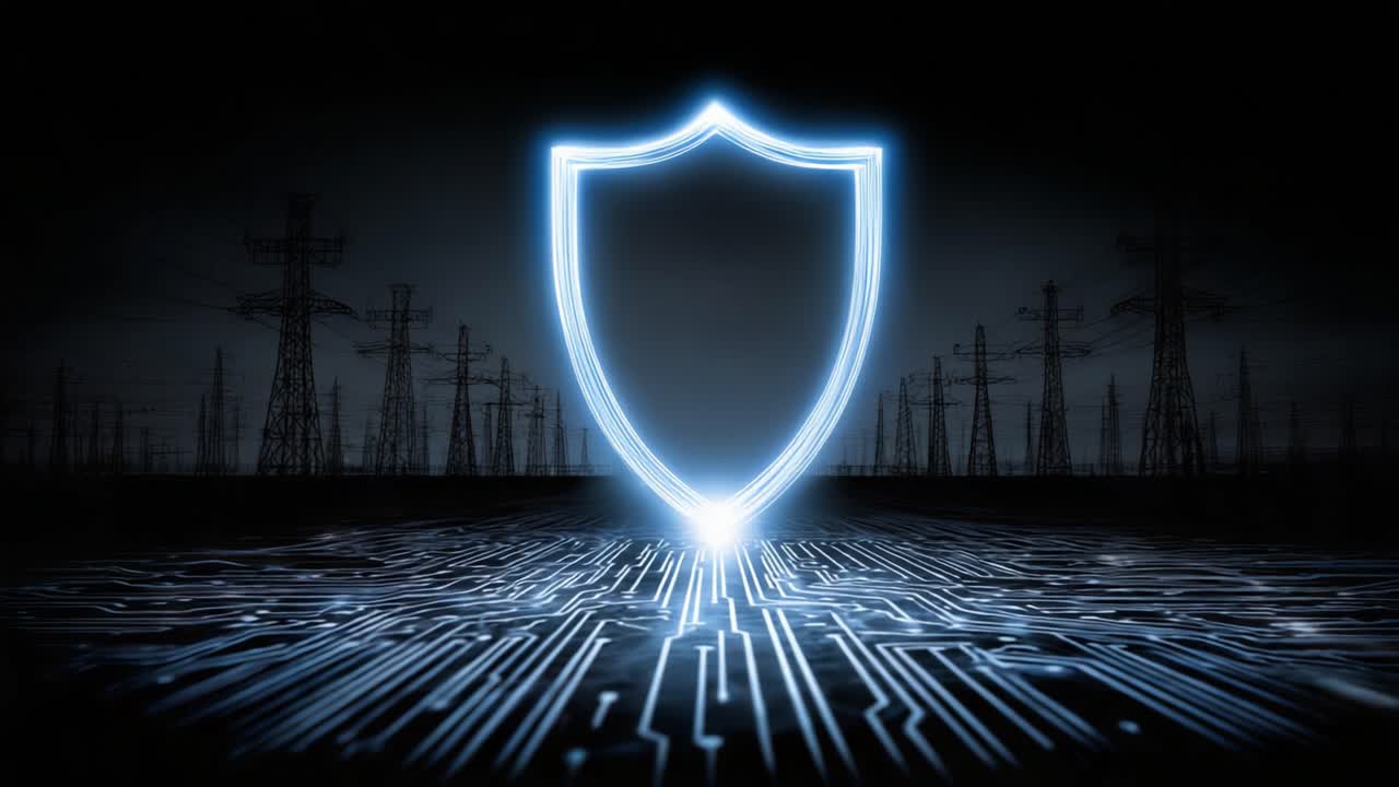 A Futuristic Shield Icon Symbolizing Cybersecurity and Protection against Digital Threats in a High-Tech Environment with Power Lines in the Background