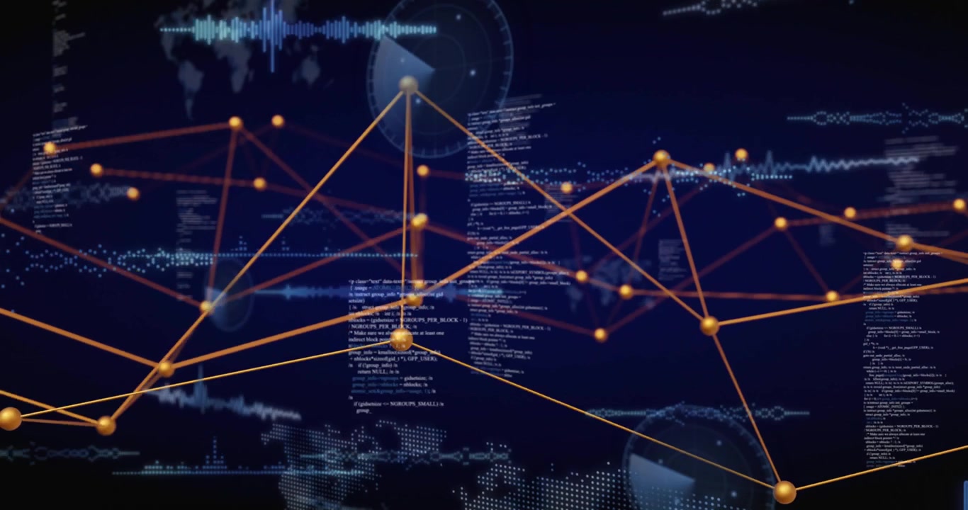 Animation of financial data processing over black background