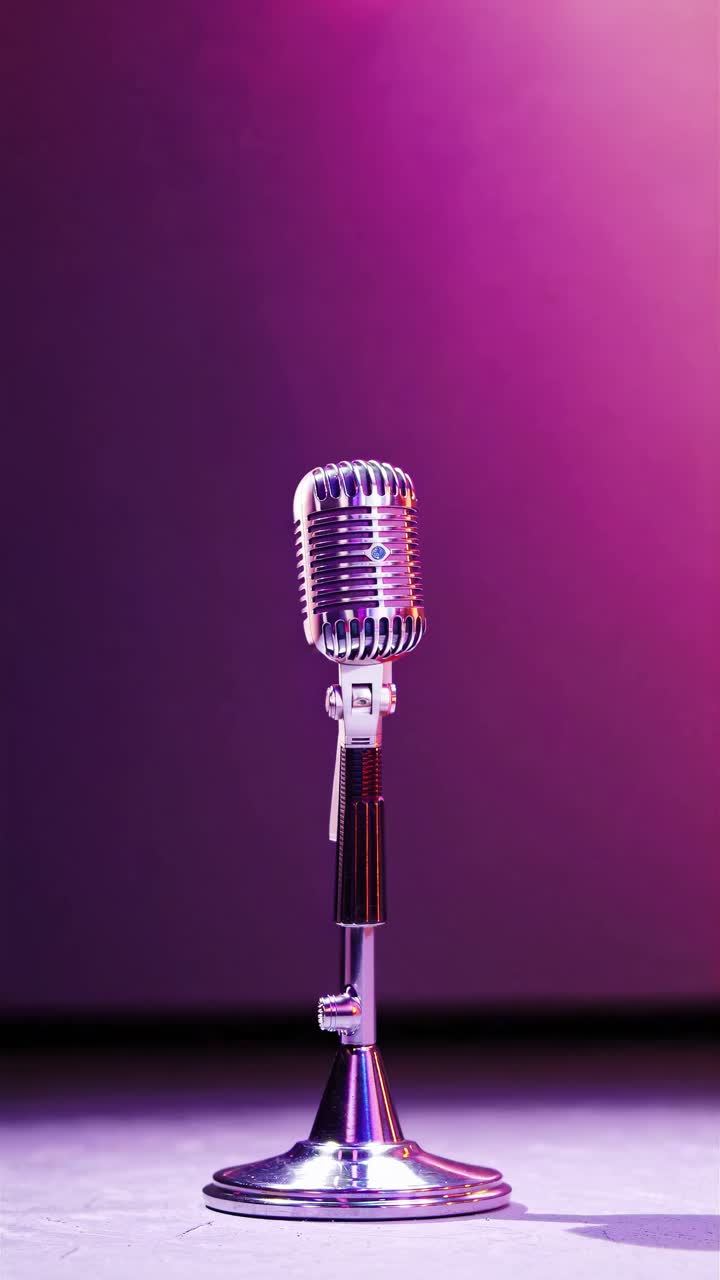Vintage microphone on stage with a purple spotlight, captured from a low angle