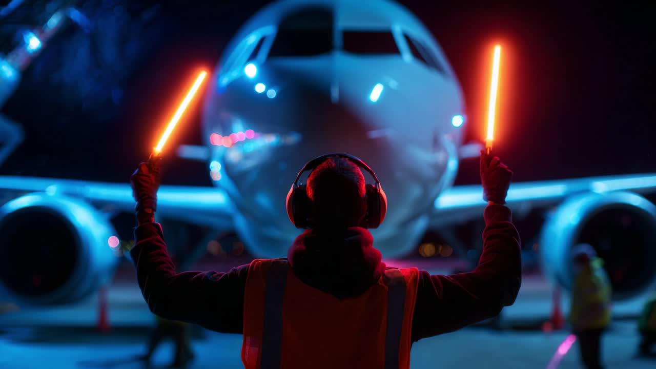 A Ground Crew Member Directs an Airplane at Night using Lighted Wands, Illuminated by Vibrant Colors in a Busy Airport Scene, Creating an Energetic and Dynamic Atmosphere