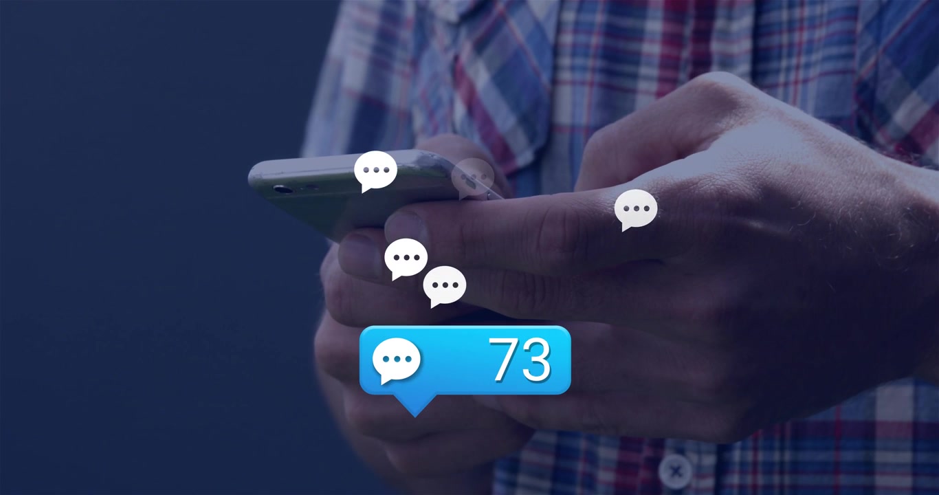 Chat bubble appearing causing hands tapping, scrolling phone screen as bubbles updating chat count