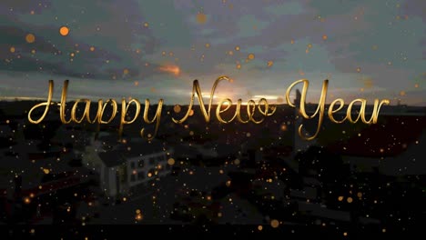 animation of new year greetings with orange spots falling over cityscape background