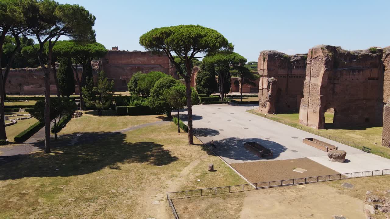Remains of the Roman Baths of Caracalla surrounded by Mediterranean pine trees