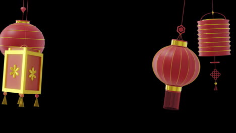 Animation-Chinesischer-Roter-Lampen,-Die-Mit-Kopierraum-Auf-Schwarzem-Hintergrund-Hängen