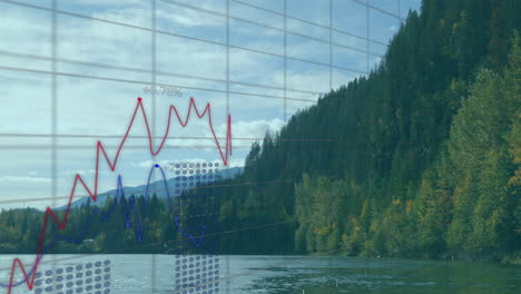 animación del procesamiento de datos, el mercado de valores y los diagramas sobre el paisaje