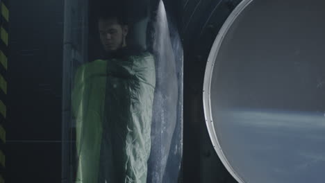 astronaut sleeping in a space capsule