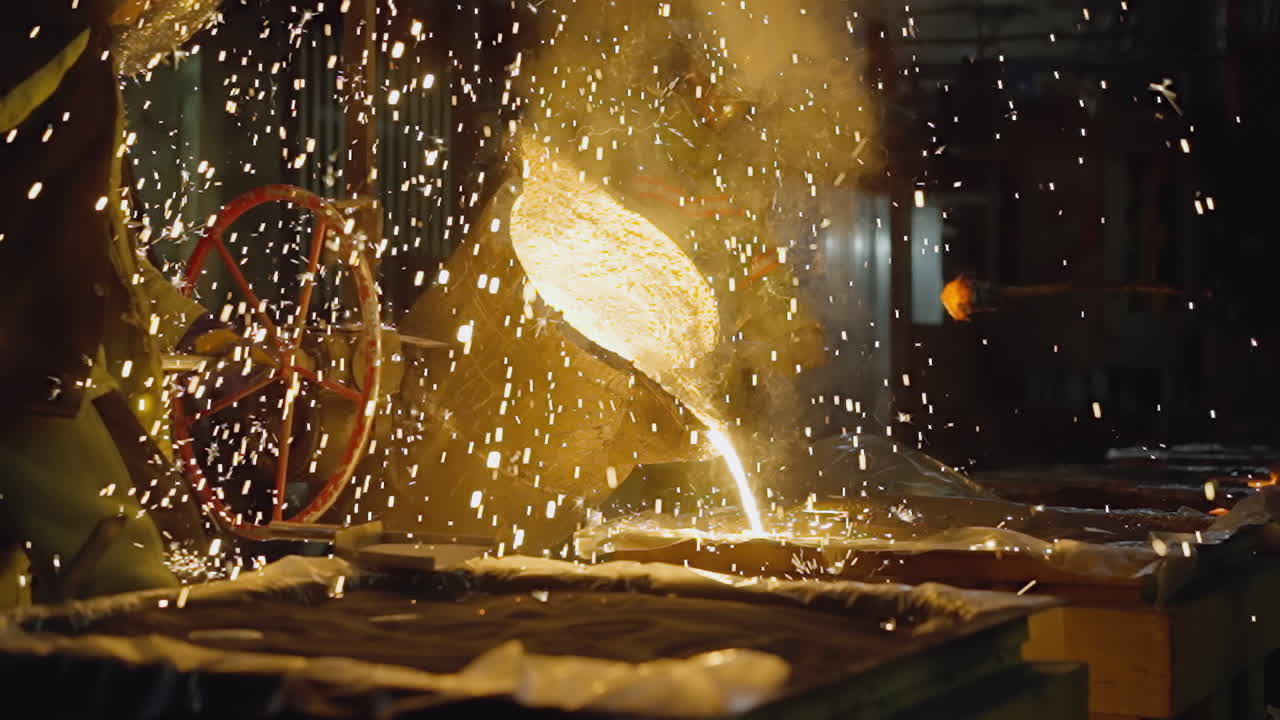 강렬한 빛과 격렬한 불꽃은 보호 장비를 입은 주조 노동자들이 용감하게 뜨거운 녹은 메타를 을 때입니다.