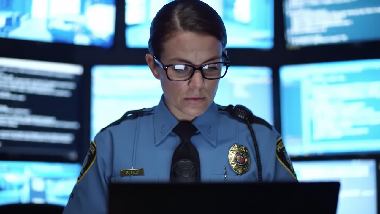 Police Officer Monitoring Screens in a Control Room