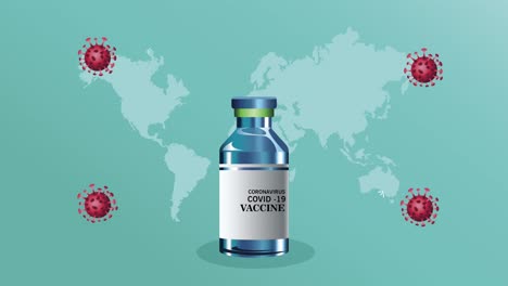 partículas de covid-19 con vial de vacuna y mapas de la tierra