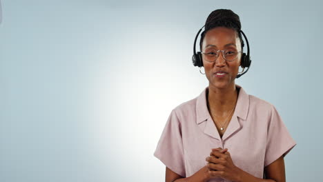 Call-center,-talking-and-happy-black-woman-gesture