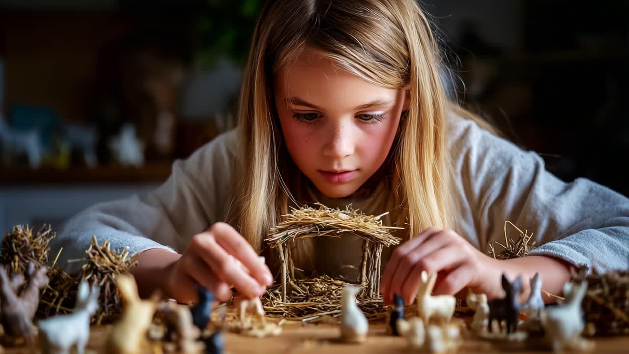 A Young Child Engrossed in Play, Creating a Miniature Stable Scene with Figurines While Delicately Assembling Hay and Animals in a Warm Homely Environment