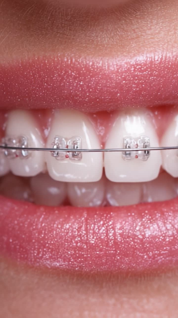 Close-up of a Beautiful Smile Featuring Braces and Shiny Lips, Highlighting the Alignment and Correction of Teeth for a Healthier, More Attractive Appearance