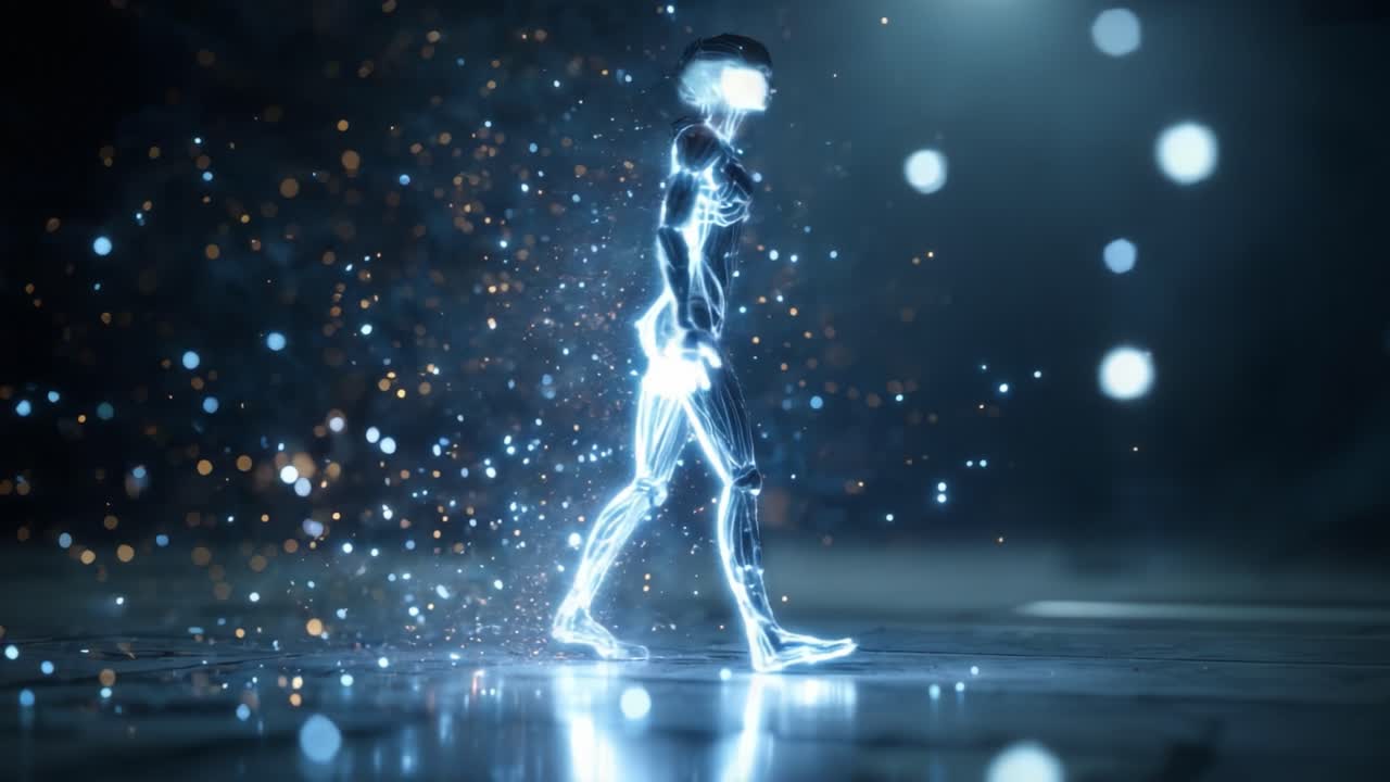 Ethereal Transformation of a Digital Figure Surrounded by Sparkling Light Particles in a Futuristic Environment