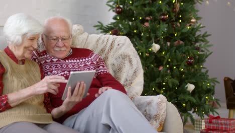 happy senior couple sitting on sofa and looking something interesting on digital tablet at christmas time