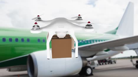 Drone-Sosteniendo-Cartón-Con-Avión-En-El-Fondo