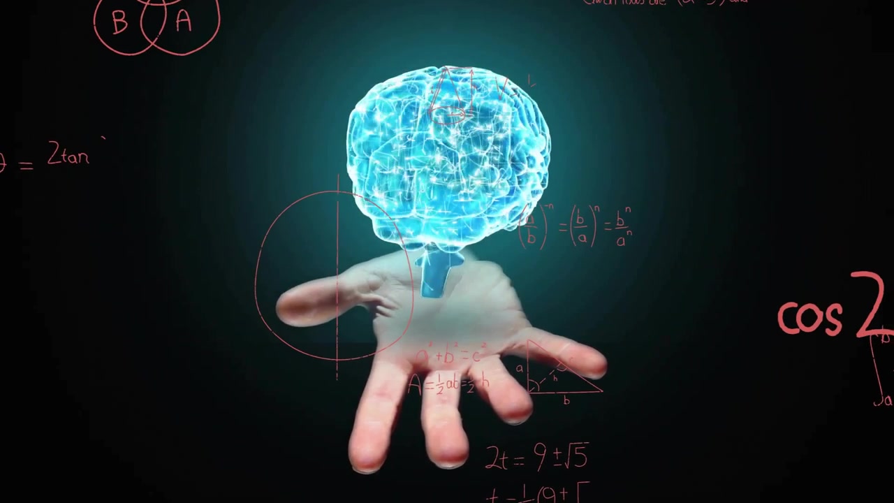 Thin red line tracing across dark void hand lifting cyan brain for math demo formulas multiplying