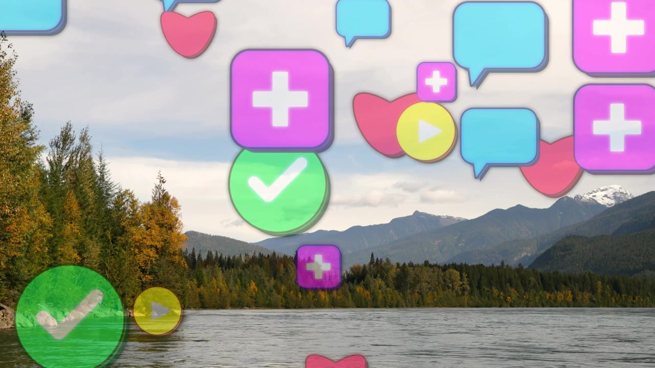 After brief pause, UI icons appearing, drifting centerward and growing, showing social engagement