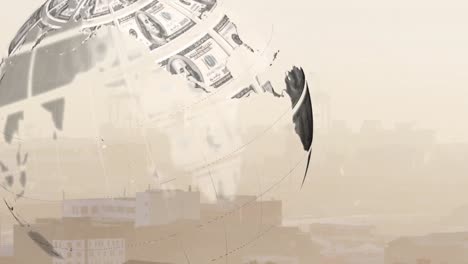 animation of globe with banknotes over cityscape