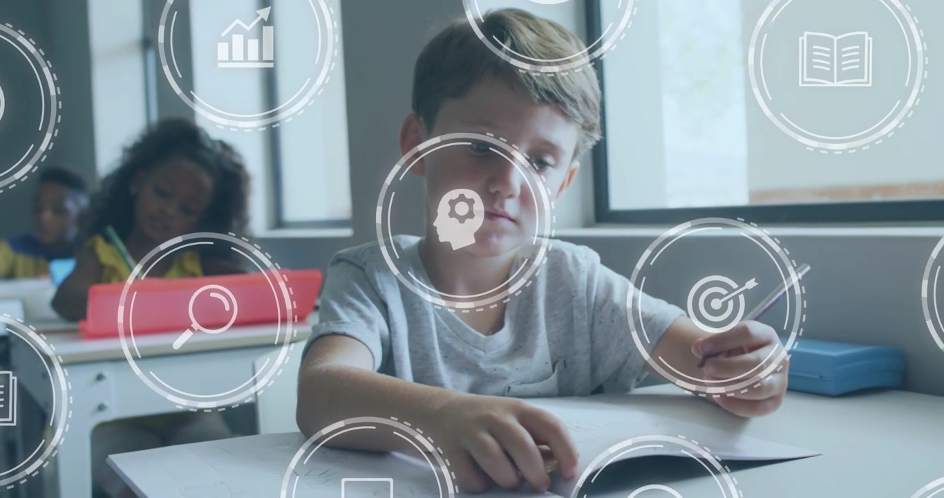 Vertical video: Boy holding pencil flipping workbook pages and writing learning as icons appearing