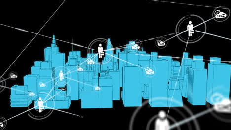 animation of network of connections with icons over 3d city drawing