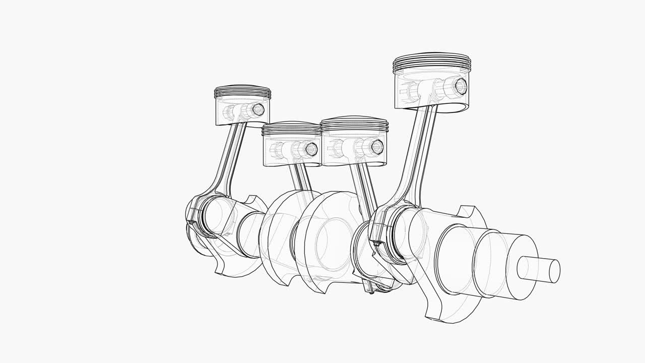 크랭크 샤프트와 4 개의 피스톤의 애니메이션. 와이어 프레임 또는 블루프린트 스타일