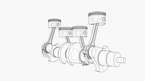 animación del cigüeñal y cuatro pistones. marco de alambre o estilo de plano