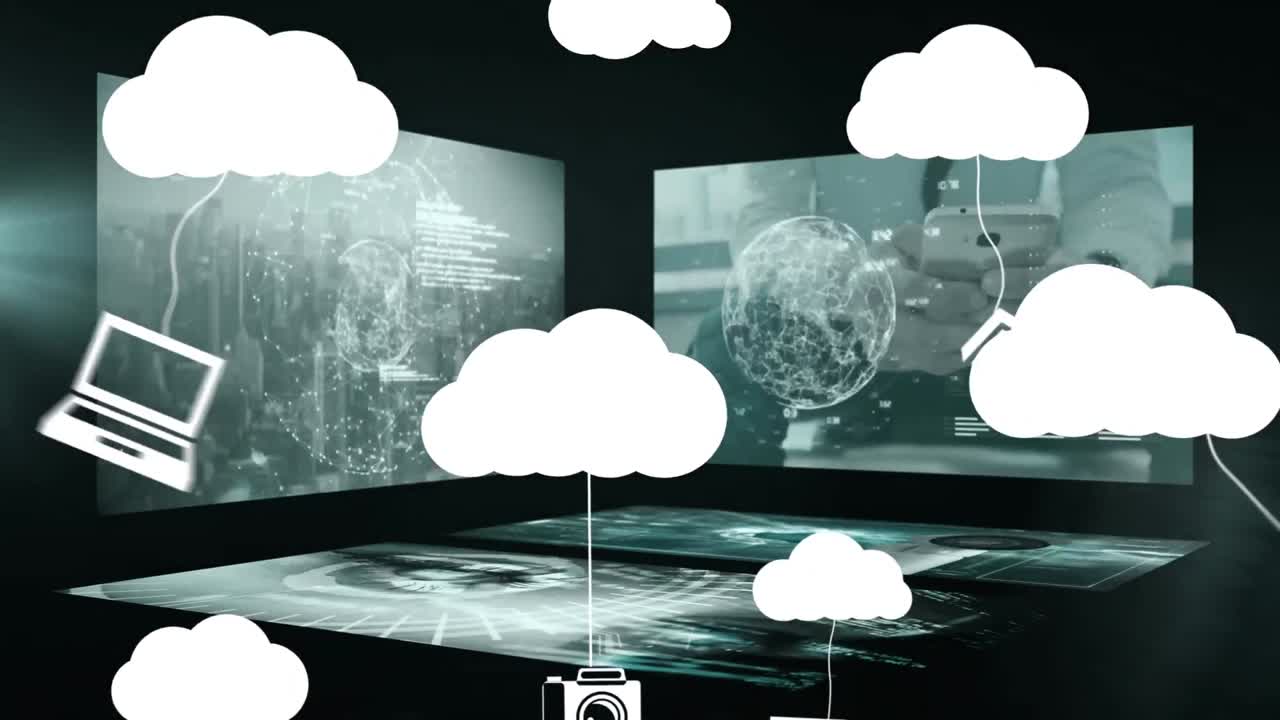 Animation of clouds and digital icons animation of computer servers animation on clouds animation