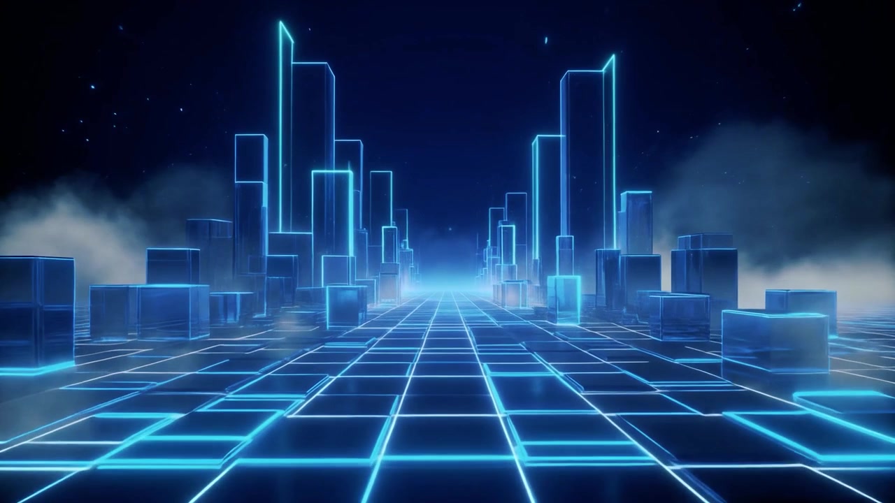 Futuristic Neon Blue Digital Cityscape with Glowing Grid Floor