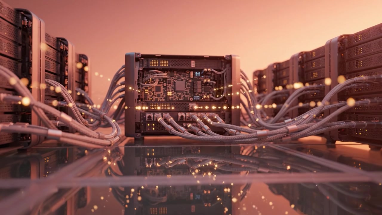 High-tech server room showcasing advanced data processing equipment, with intricate cabling and illuminated components representing modern computing infrastructure.