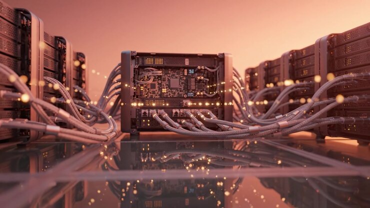High-tech server room showcasing advanced data processing equipment, with intricate cabling and illuminated components representing modern computing infrastructure.