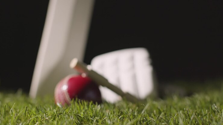 Natura morta di cricket con primo piano di mazza, palla, bails e guanti adagiati sull'erba 2