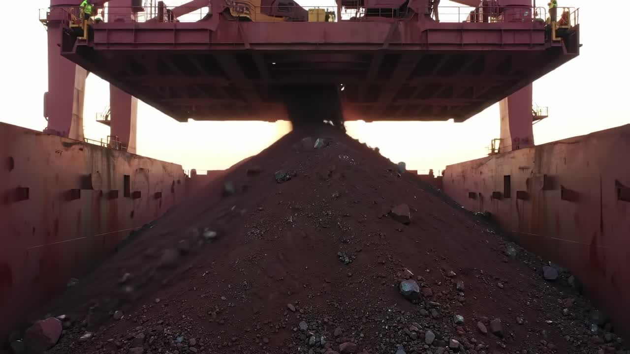 A large crane efficiently unloads bulk material from a cargo ship at a bustling shipping port as the sun sets, highlighting maritime activity and industrial operations.