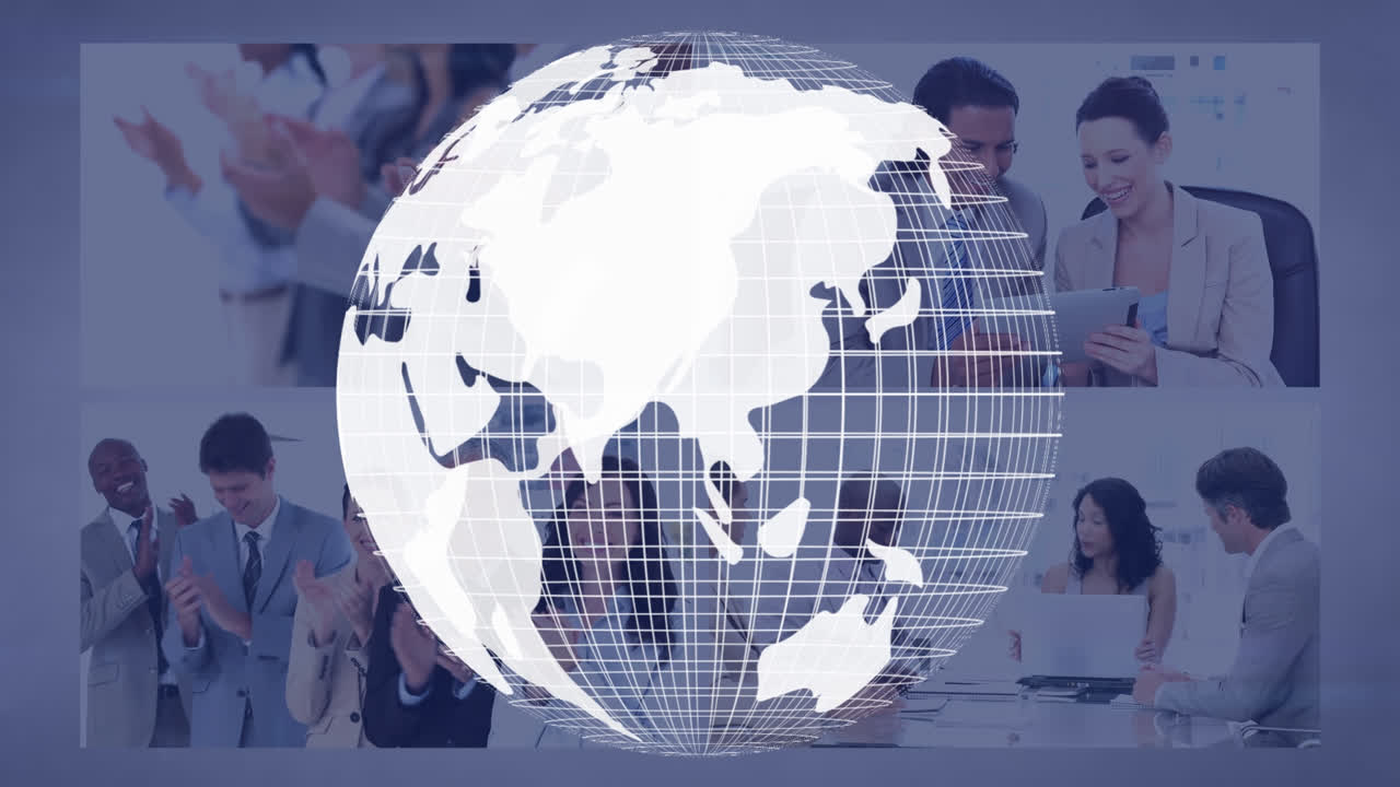 다양한 비즈니스 사람들 위에 회전하는 지구의 애니메이션