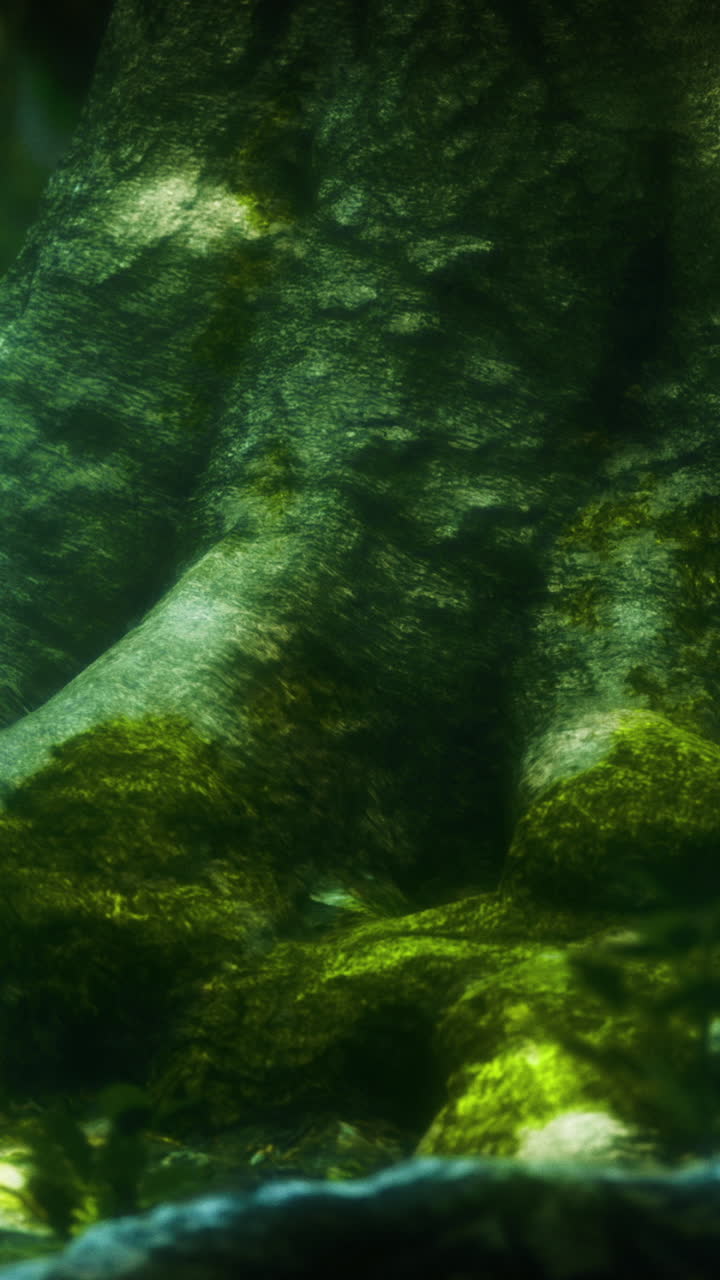 Moss covered tree roots basking in soft sunlight in a serene forest setting
