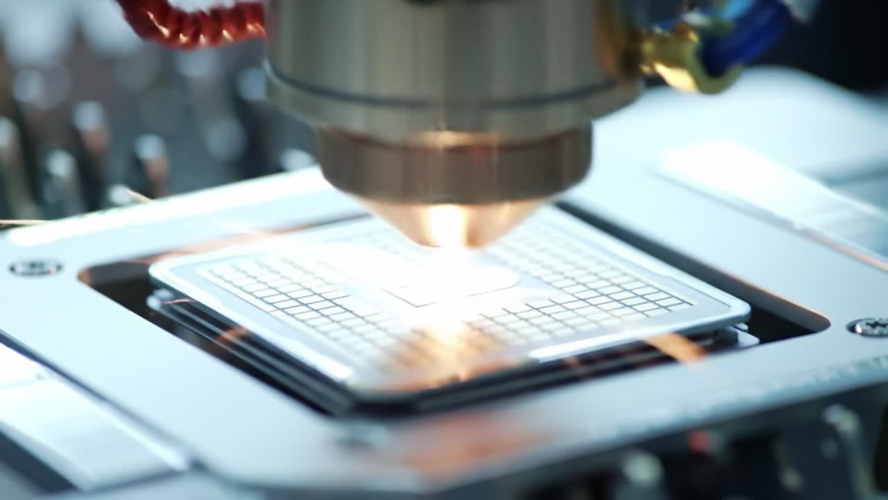 Precision Manufacturing of Microchips: Laser Technology in Action as the Focused Beam Alters the Surface of a Semiconductor Chip for Enhanced Performance