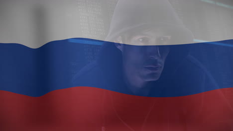 animation of caucasian male hacker over flag of russia